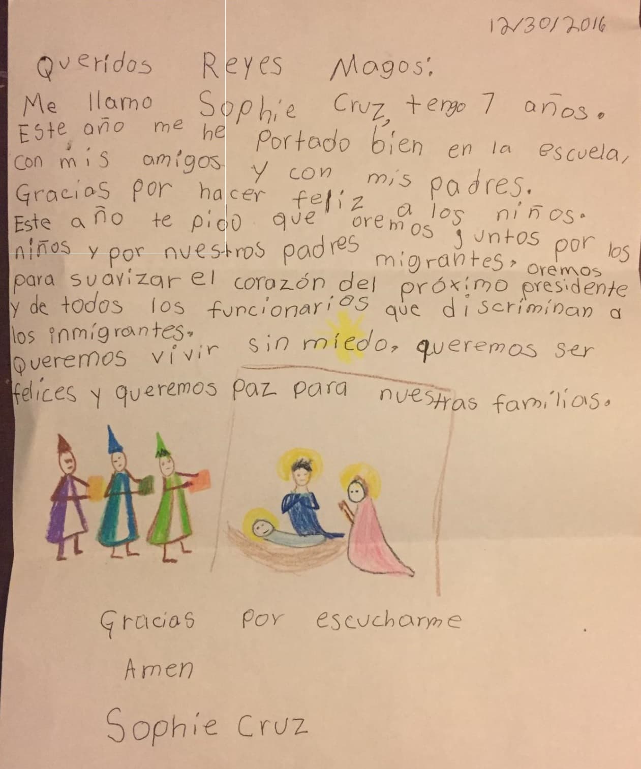 La niña Sophie Cruz pide en su carta orar para “suavizar” el corazón del presidente electo Donald Trump.
