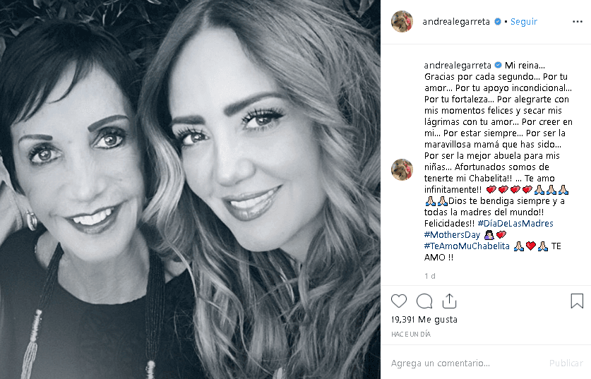 "Mi reina: Gracias por cada segundo, por tu amor, por tu apoyo incondicional, por tu fortaleza, por alegrarte con mis momentos felices y secar mis lágrimas con tu amor", fue el mensaje que la conductora Andrea Legarreta dirigió a su madre.