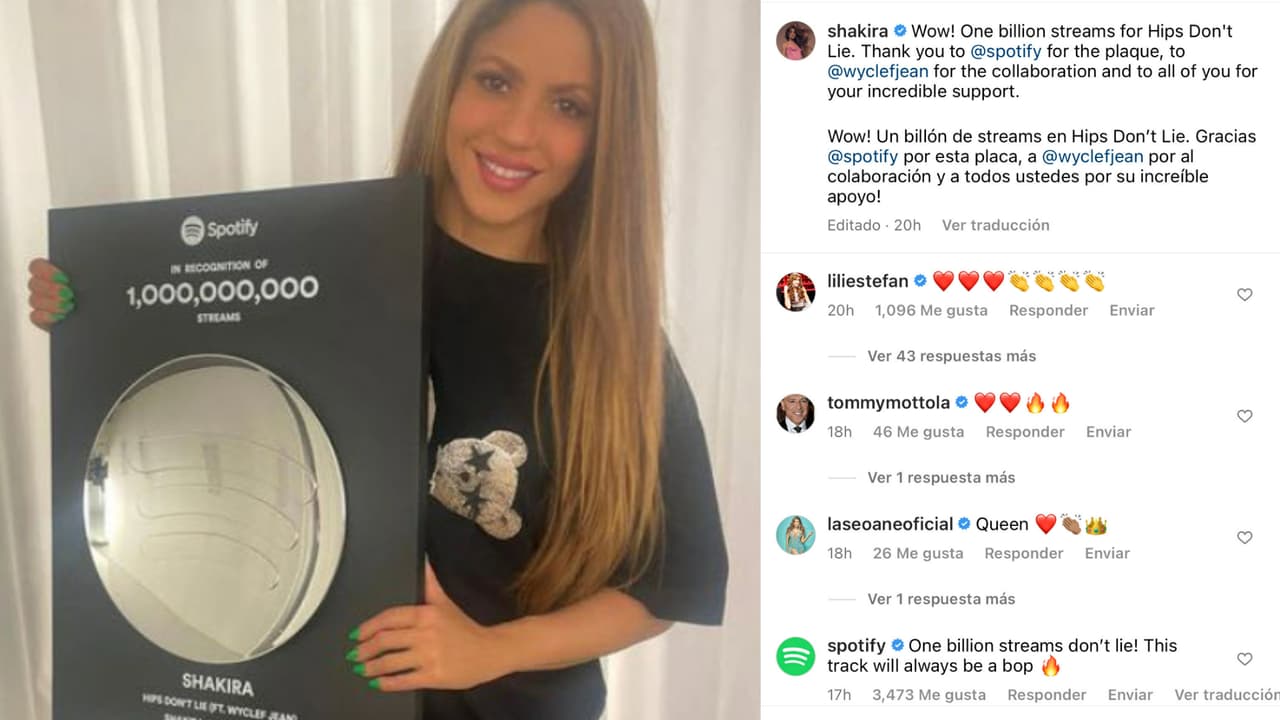 Shakira presumió así el reconocimiento que le otorgó Spotify mientras famosos como Lili Estefan y Tommy Mottola la felicitaron.