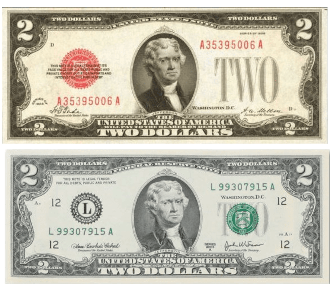 Una curiosidad del billete de 2 dólares es que es uno de los pocos papeles moneda en los que se pueden conseguir sellos de dos colores, rojo y verde.