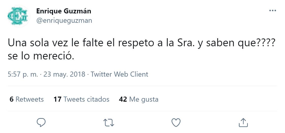Tras esa entrevista, el roquero publicó este mensaje en Twitter, pero
<b><a href="https://twitter.com/enriqueguzman/status/999424229077467136" target="_blank">no nombró a su exesposa</a></b>, con quien estuvo casado de 1967 a 1976.