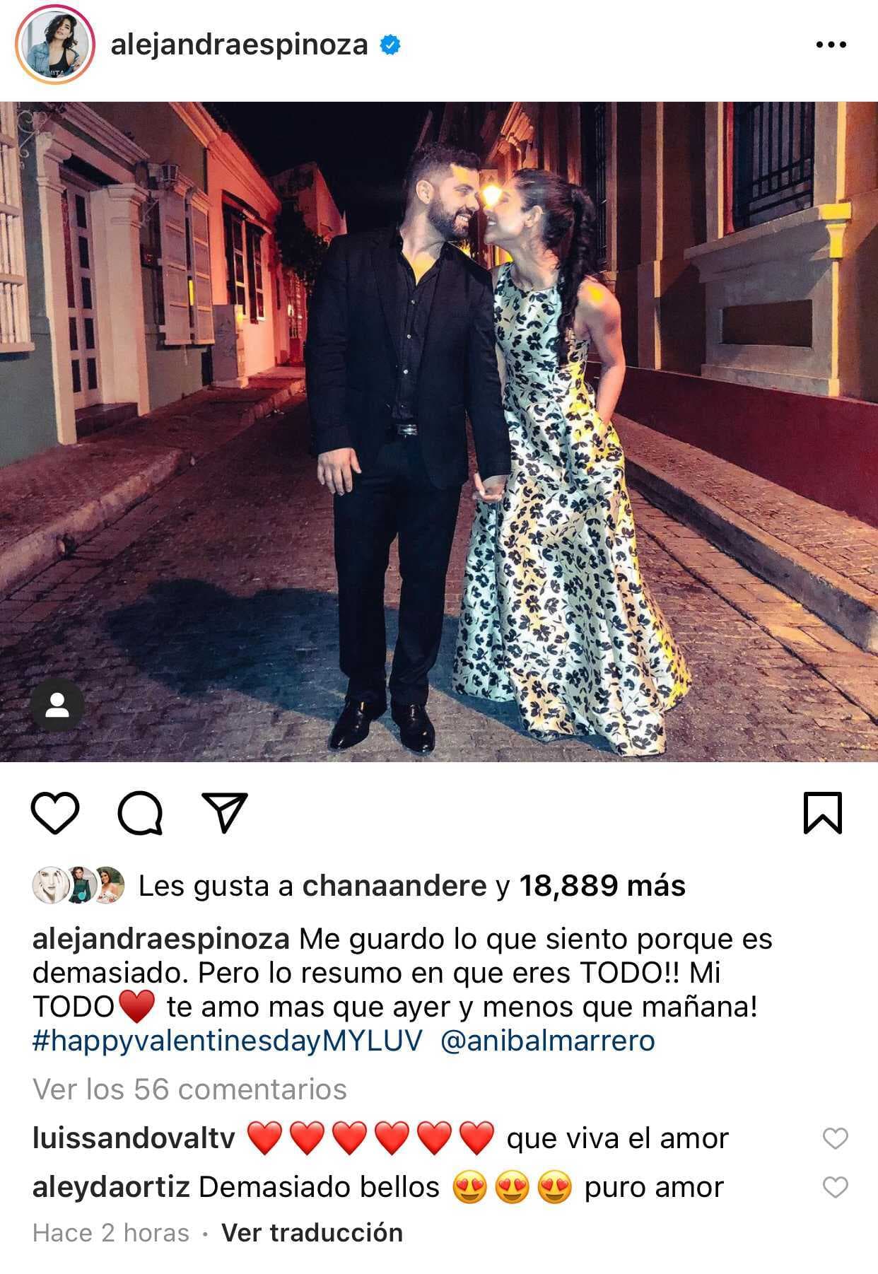Alejandra Espinoza también celebró el amor con su marido, Aníbal Marrero, con quien se casó en el año 2011 y procreó a Matteo: “Me guardo lo que siento porque es demasiado. Pero 
<b><a href="https://www.instagram.com/p/CLSaiSWB6TZ/?igshid=ktf88bbw81ne" target="_blank">lo resumo en que ¡eres todo!</a></b> ¡Mi todo, te amo mas que ayer y menos que mañana!”, escribió en Instagram.