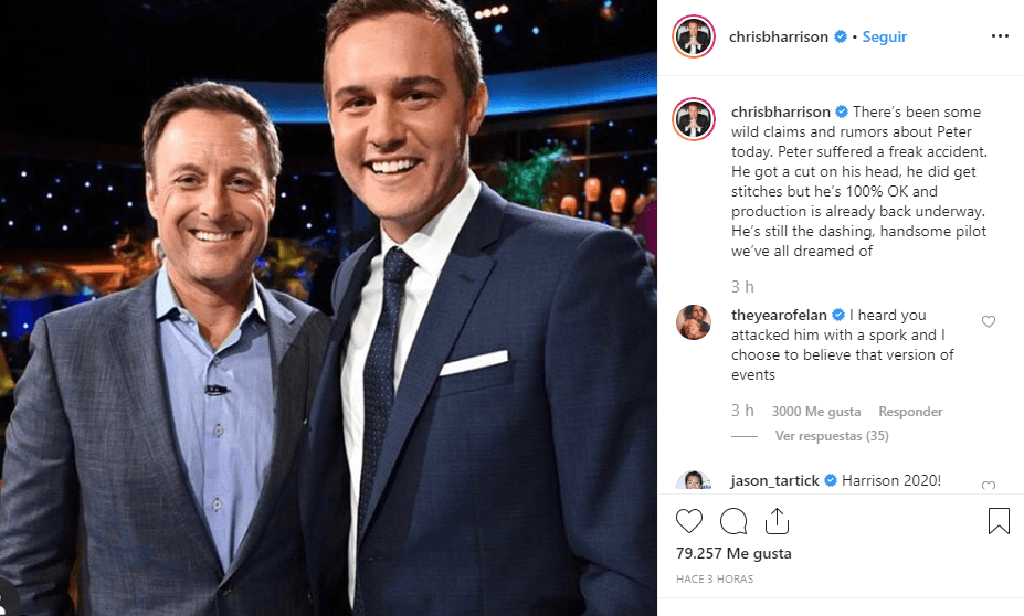 El presentador del programa, Chris Harrison, comentó en Instagram que Peter sufrió un “extraño accidente. Se cortó la cabeza, recibió puntos de sutura, pero está 100% bien y la producción ya está en marcha”.