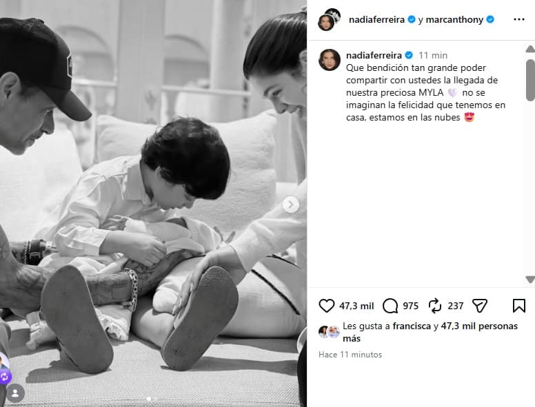Nadia Ferreira y Marc Anthony dieron la bienvenida a su bebé, Myla.