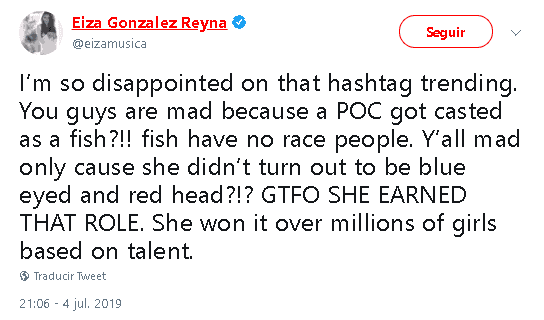 "Estoy 
<b><a href="https://twitter.com/eizamusica/status/1146963583319859201" target="_blank">muy decepcionada</a></b> con el hashtag que está siendo tendencia", escribió Eiza refiriéndose a #NotMyAriel, hashtag por medio del cuál muchos usuarios opinaron en contra de la selección de Bailey para el papel.