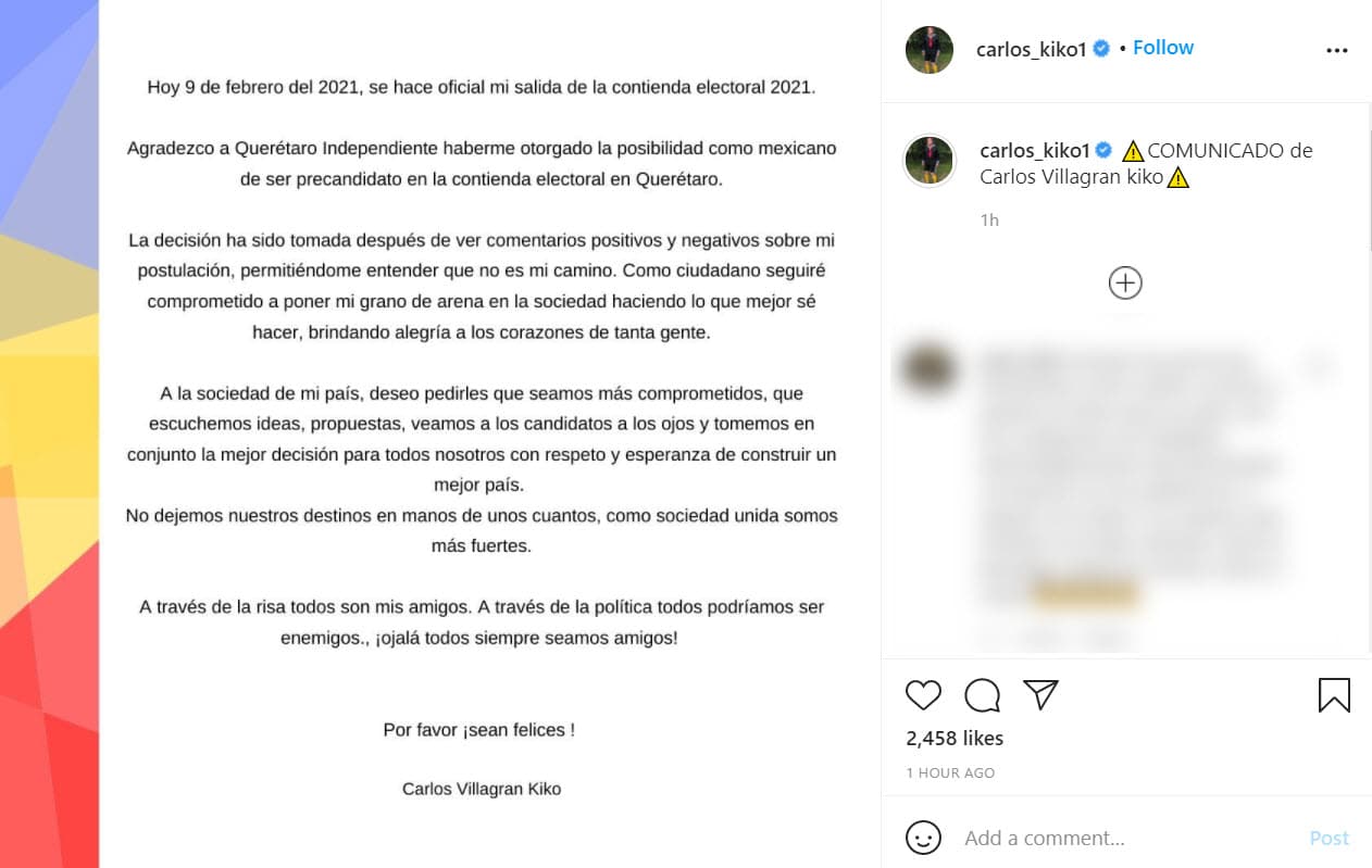Villagrán publicó un comunicado de prensa en redes sociales para explicar las
<b>razones por las que no incursionará en la política</b> este 2021 en México.
<br>