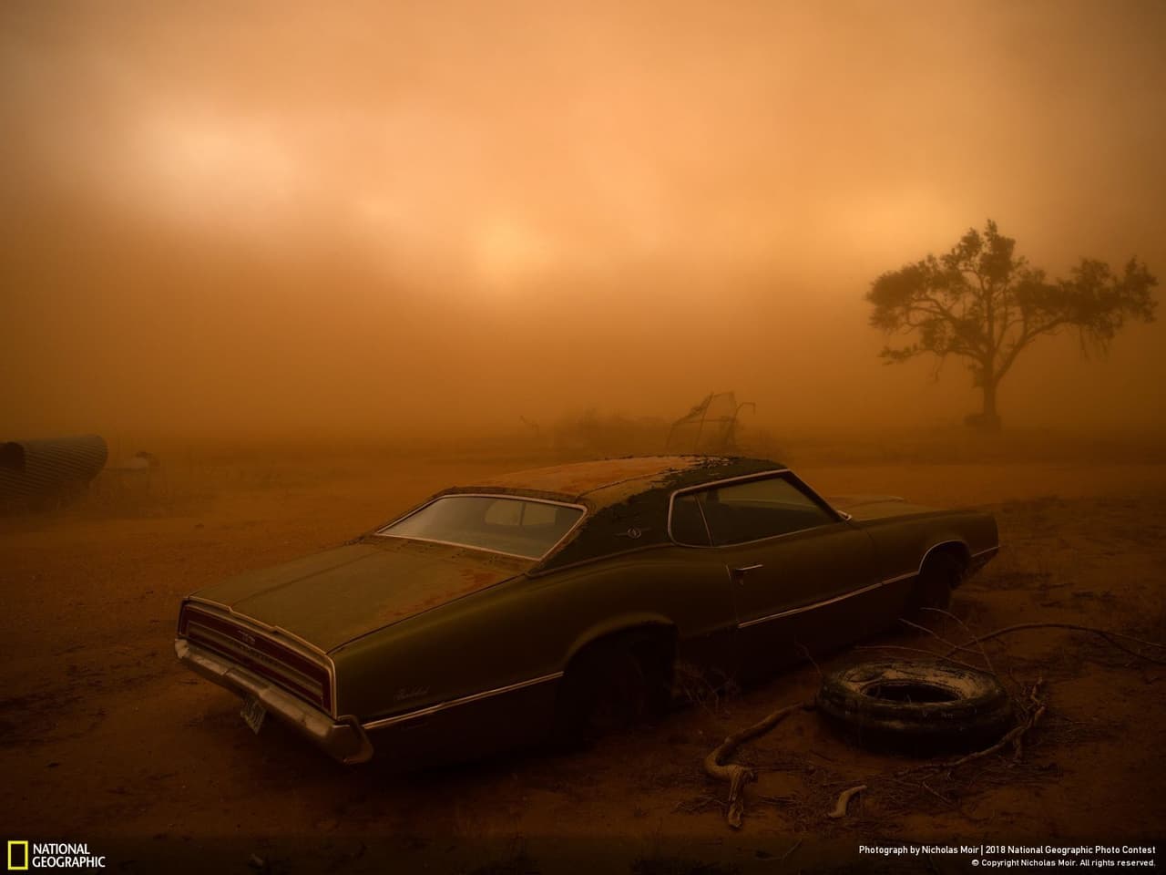 <b>Thunderbird en el polvo.</b> “Un Ford Thunderbird oxidado quedó cubierto por polvo rojo de una tormenta supercelda en Ralls, Texas. Los campos secos y arados del Panhandle de Texas fueron una presa fácil para la tormenta, que tuvo vientos de más de 90 kilómetros por hora, rasgando la capa superior del suelo y depositándola más al sur. Estaba viendo los pronósticos y posicionando a un equipo de videógrafos y fotógrafos para perseguir una tormenta en el Tornado Alley; este fue nuestro último día de una persecución muy exitosa, después de haber presenciado 16 tornados durante 10 días, dijo el autor sobre la imagen tomada en Rall, Texas y segundo premio en la categoría ‘Lugares’.