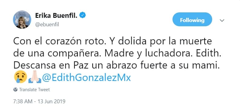 Erika Buenfil también se sumó a las palabras de solidaridad del medio artístico: "Con el corazón roto y dolida por la muerte de una compañera, madre y luchadora. Descansa en paz. Un abrazo fuerte a su mami”, escribió en Twitter.