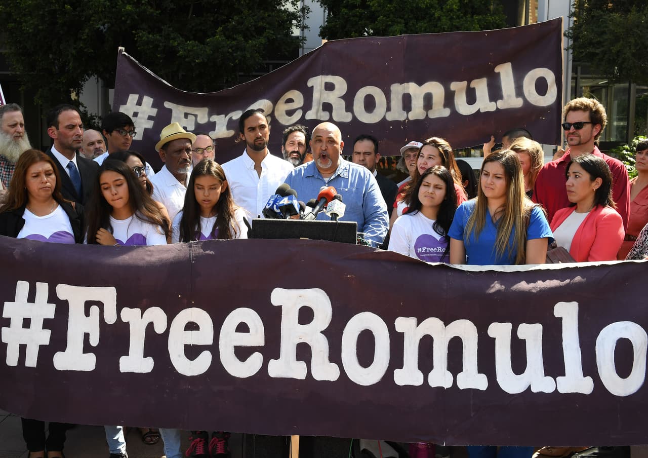 Family and supporters of Romulo Avelica, who was arrested by immigration officials after dropping off a daughter at school, gather for a press conference August 1, 2017 in Los Angeles to rally support and try to stop his August 7th deportation to Mexico by ICE. / AFP PHOTO / Mark RALSTON (Photo credit should read MARK RALSTON/AFP/Getty Images)