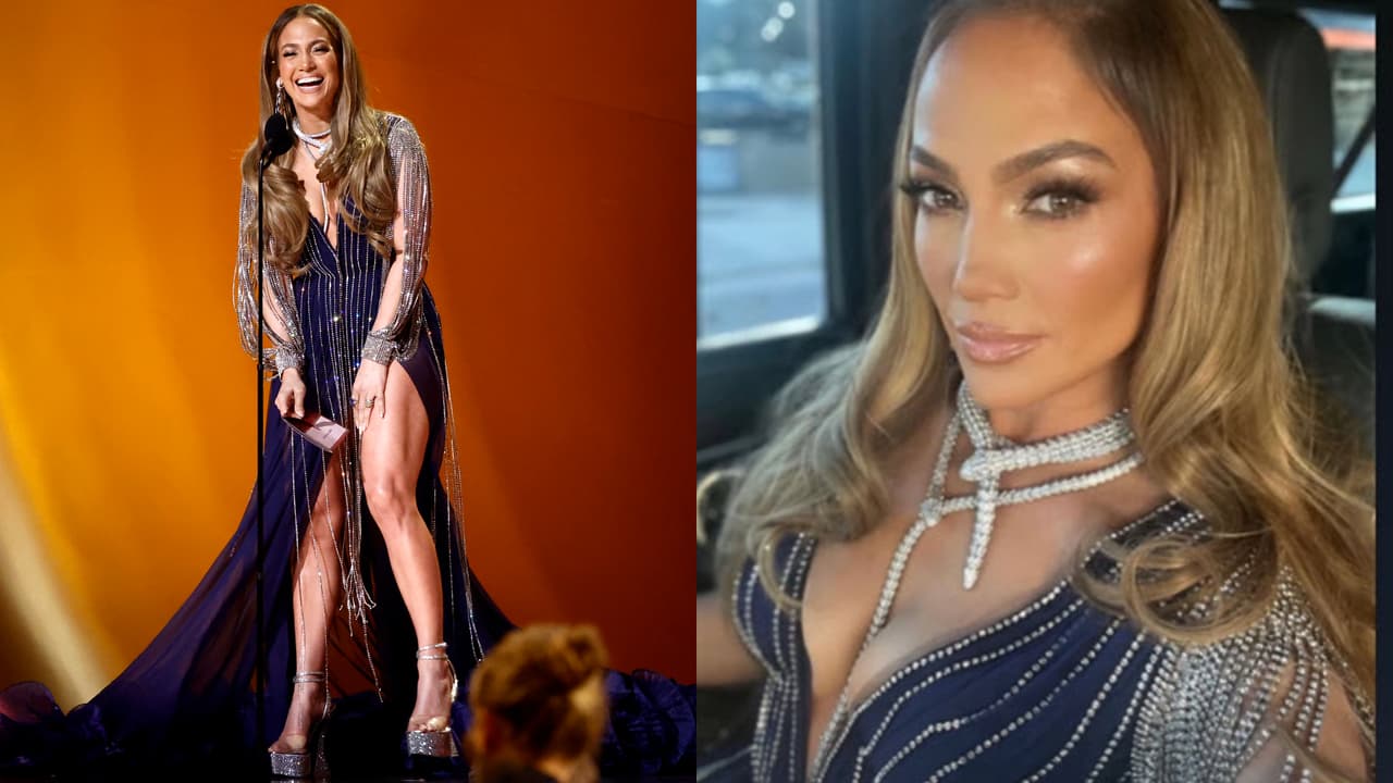 JLo da la sorpresa y deja ver sus torneadas piernas con un vestido Gucci en los GRAMMY 2023
