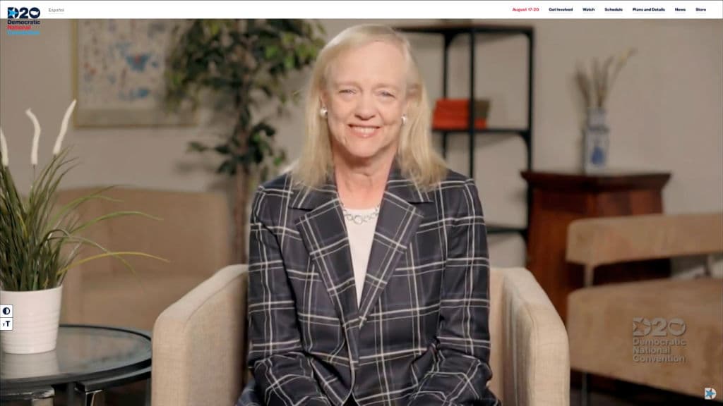 Meg Whitman, directora ejecutiva de Quibi y excandidata republicana a la gobernatura de California, respaldó a Joe Biden diciendo que “Donald Trump no sabe cómo llevar una empresa y mucho menos una economía, Joe Biden tiene, sin embargo un plan que va a fortalecer nuestra economía”.
