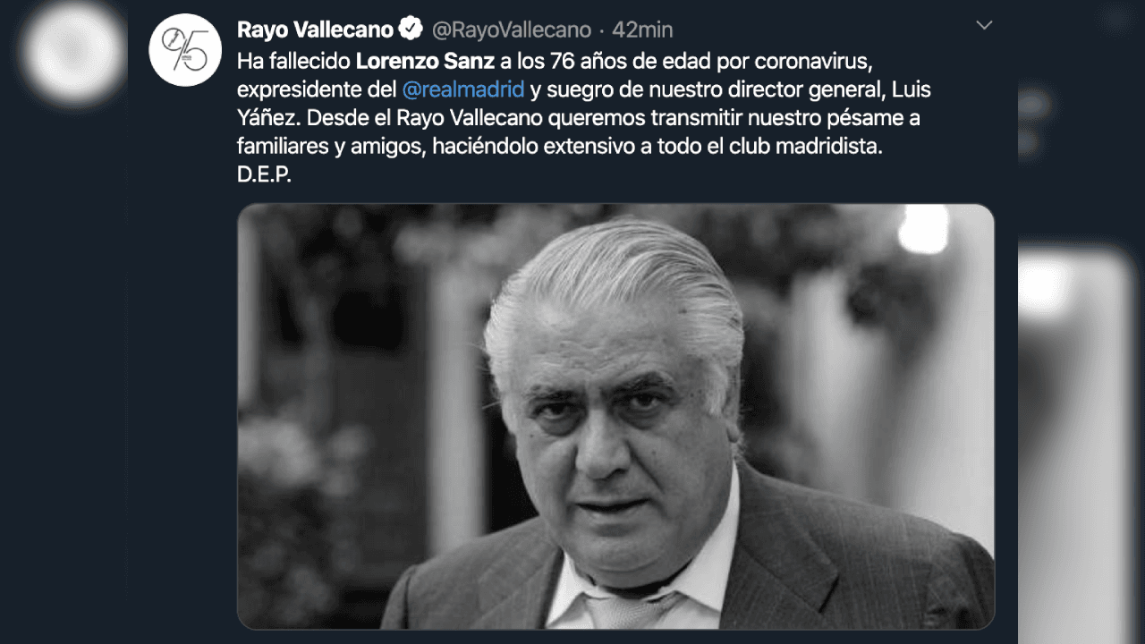 El madridismo reacciona y otorga sus condolencias a Lorenzo Sanz, quien falleció con 76 años a causa del coronavirus.