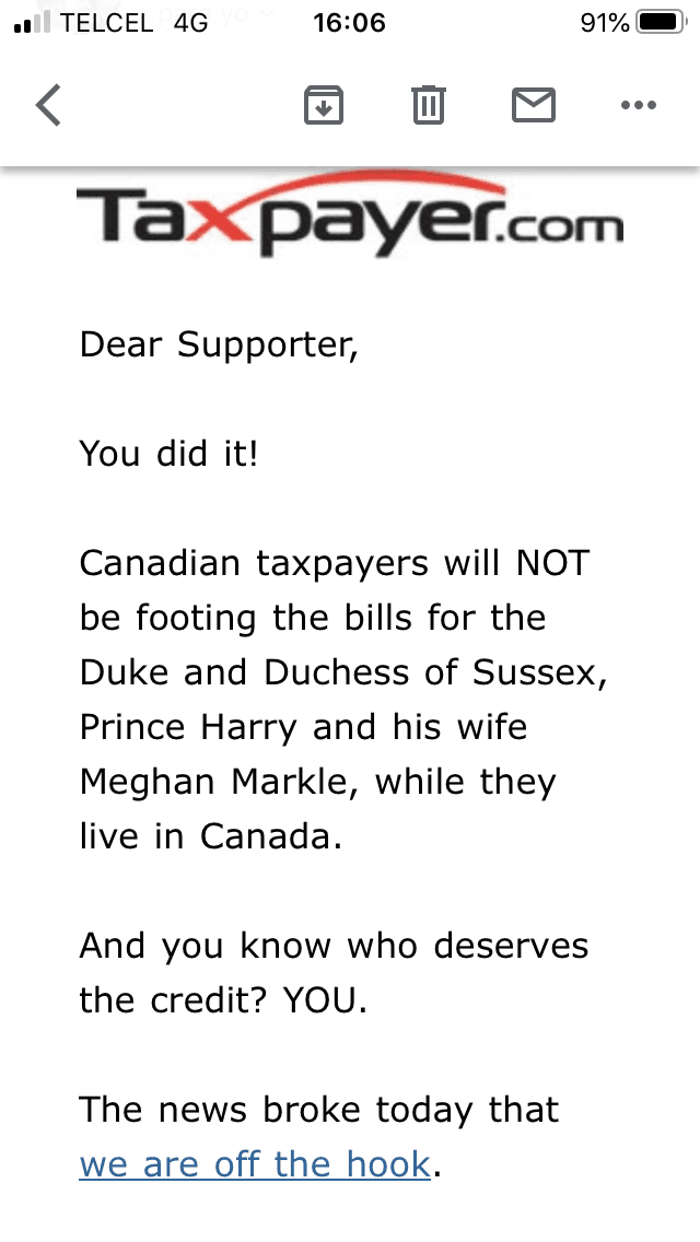 La controversia llegó al grado que 
<b><a href="https://www.taxpayer.com/newsroom/taxpayers-federation-delivers-petition-opposing-taxpayer-support-for-duke-and-duchess-of-sussex?id=18120&utm_source=Action+Updates&utm_campaign=d83f505e1b-MC_g_VictoryNoMoneyForRoyals_022720&utm_medium=email&utm_term=0_59605796e2-d83f505e1b-36741729" target="_blank">The Canadian Taxpayers Federation</a></b>, una organización civil que aboga por un gobierno responsable a través de un bajo costo en las finanzas públicas, reunió unas 100 mil firmas que hizo llegar a Justin Trudeau, primer ministro canadiense, para exigirle que no pagara por la seguridad del príncipe y su familia. 
<br>