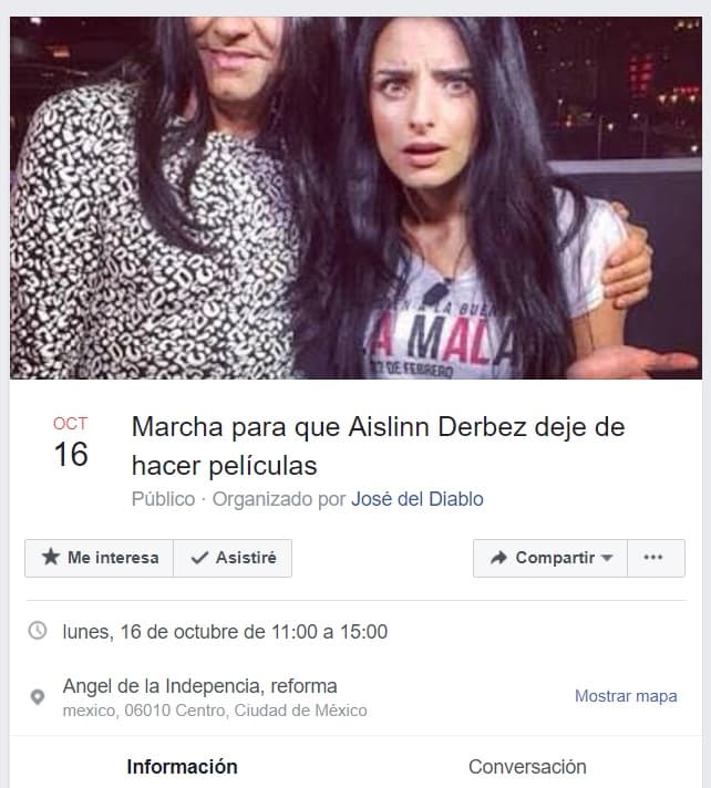 La hija de Eugenio Derbez tiene detractores que piden que no actúe en más películas. La cita es para el 16 de octubre en la Ciudad de México, a partir de las 11 de la mañana: “Porque ya queremos una semana sin que se estrene una película de Aslinn Derbez, necesitamos aire y ya no ver su cara en la pantalla grande, ni en Netflix”, escribió el organizador del evento.