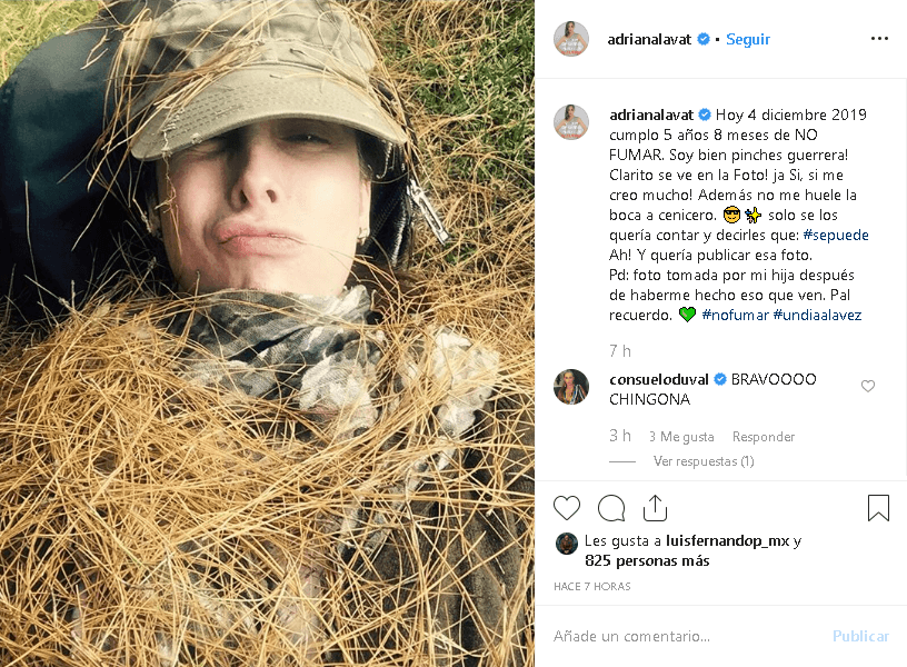 "Hoy 4 diciembre 2019, cumplo 5 años 8 meses 
<b>de no fumar</b>.¡Soy bien pinches guerrera! ¡Clarito se ve en la foto!", escribió la actriz, junto a 
<b><a href="https://www.instagram.com/p/B5ptXAkpvGg/" target="_blank">esta imagen en Instagram</a></b>.