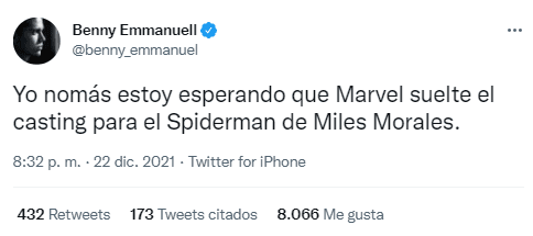 En diciembre del 2021 su nombre llegó a los titulares luego de que aseguró en su cuenta de Twitter que le gustaría ser Mike Morales en una versión live-action de ‘Spider-man: Into the Spider-Verse”.
