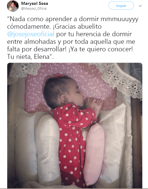 Todavía el 12 de diciembre, Marysol Sosa publicó este mensaje dirigido a su papá en el que aparece su nieta Elena, a la cual el 'Príncipe de la canción' aún no conoce.