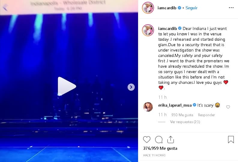 "Querida Indiana: Solo quiero hacerte saber que estuve hoy (ayer) en el lugar. Ensayé y comencé a hacer 'glam'. 
<b>Debido a una amenaza de seguridad</b> que está bajo investigación, el concierto fue cancelado", se lee en las primeras líneas de su 
<b><a href="https://www.instagram.com/p/B0kHUTaAOX3/" target="_blank">mensaje en Instagram</a></b> que acompañó con un video.