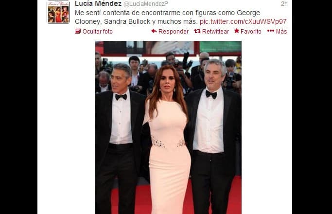 Pero quien de plano no tuvo remedio fue Lucía Méndez, quien utilizó el Photoshop para colocarse junto a Cuarón y el mismísimo George Clooney en el Festival de Cine de Venecia.