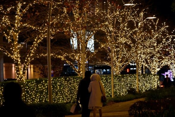 Sobre la acera de la ciudad puedes dar un pequeño paseo rodeado de luces, son miles de ellas sobre los árboles.