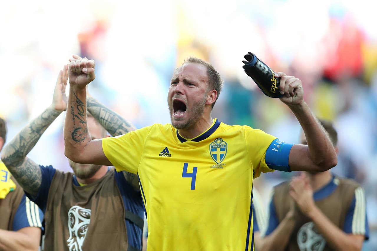 NIZHNIY NOVGOROD, RUSSIA - JUNE 18: Andreas Granqvist of Sweden celebrates following his sides victory in the 2018 FIFA World Cup Russia group F match between Sweden and Korea Republic at Nizhniy Novgorod Stadium on June 18, 2018 in Nizhniy Novgorod, Russia. (Photo by Clive Brunskill/Getty Images)