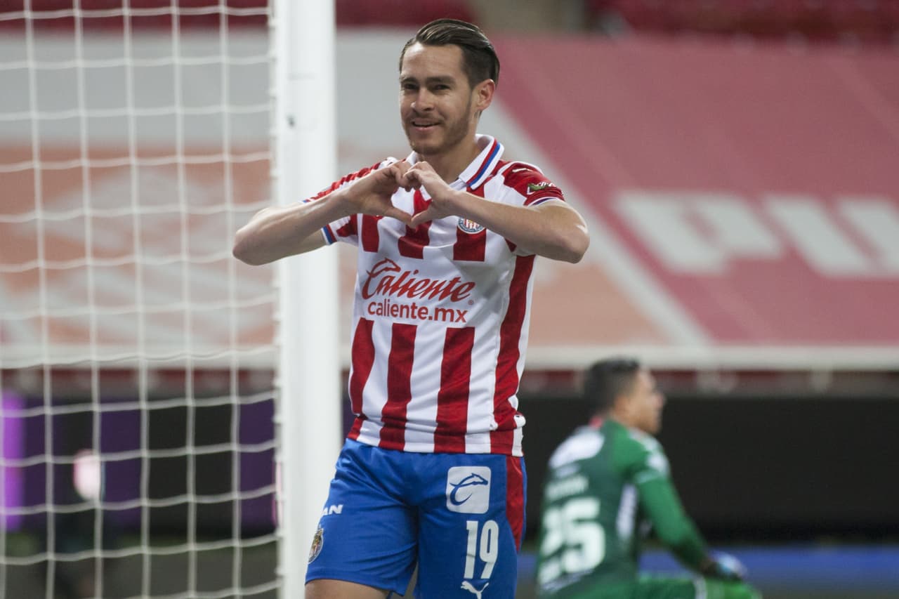 Jesus Angulo celebrates his goal 1-1 of Guadalajara during the game Guadalajara vs Necaxa, corresponding to the Sixth round match of the Torneo Guard1anes Clausura 2021 of the Liga BBVA MX, at Akron Stadium, on February 13, 2021. 
<br>
<br> Jesus Angulo celebra su gol 1-1 de Guadalajara durante el partido Guadalajara vs Necaxa, correspondiente a la Jornada 06 del Torneo Clausura Guard1anes 2021 de la Liga BBVA MX, en el Estadio Akron, el 13 de Febrero de 2021.