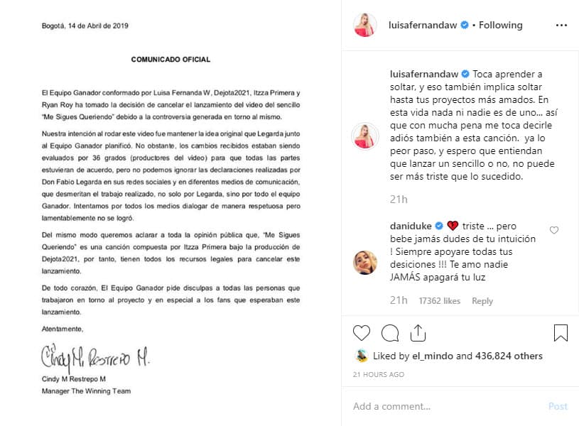 "Nuestra intención al rodar este video fue mantener la idea original que Legarda junto al Equipo Ganador planificó. No obstante, los cambios recibidos estaban siendo evaluados por 36 Grados (productores del video) para que todas las partes estuvieran de acuerdo, pero no podemos ignorar las declaraciones realizadas por Don Fabio Legarda en sus redes sociales y en diferentes medios de comunicación, que desmeritan el trabajo realizado, no solo por Legarda, sino por todo el Equipo Ganador. Intentamos por todos los medios dialogar de manera respetuosa pero lamentablemente no se logró", se lee.