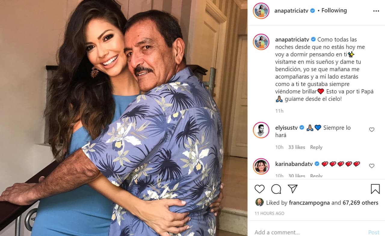 "Como todas las noches desde que no estás, hoy me voy a dormir pensando en ti", escribió al inicio de la 
<b><a href="https://www.instagram.com/p/CDz77t7gzZi/" target="_blank">entrañable imagen</a></b> en la que aparece abrazada a su papá. 
<br>