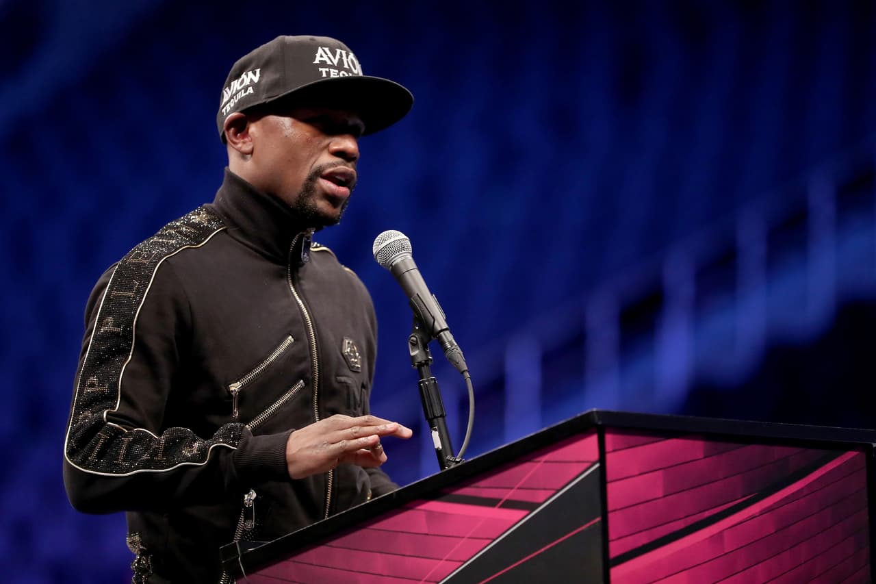 LAS VEGAS, NV - AUGUST 26: Floyd Mayweather Jr. speaks to the media after his TKO of Conor McGregor in their super welterweight boxing match on August 26, 2017 at T-Mobile Arena in Las Vegas, Nevada. (Photo by Christian Petersen/Getty Images)