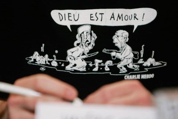 "Dios es amor" se lee en esta caricatura crítica.