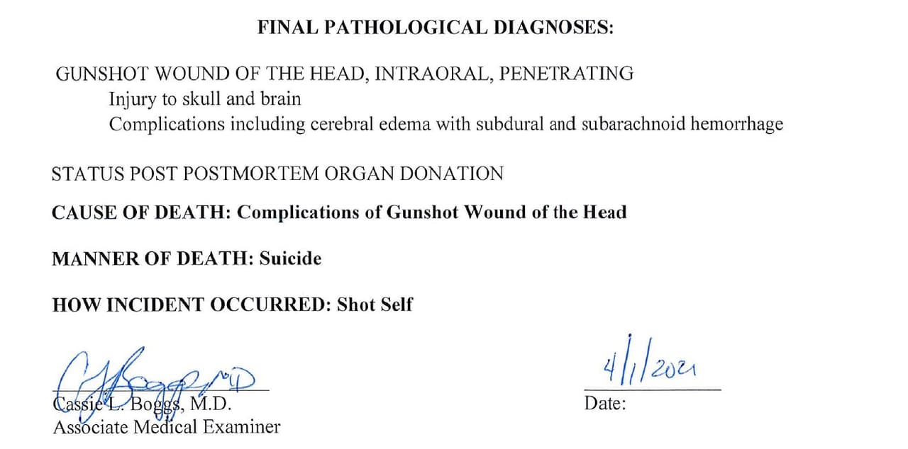 The Medical Examiner's report concluded that the "Manner of death" in the case of Alexander Bello-Ortiz, was suicide.