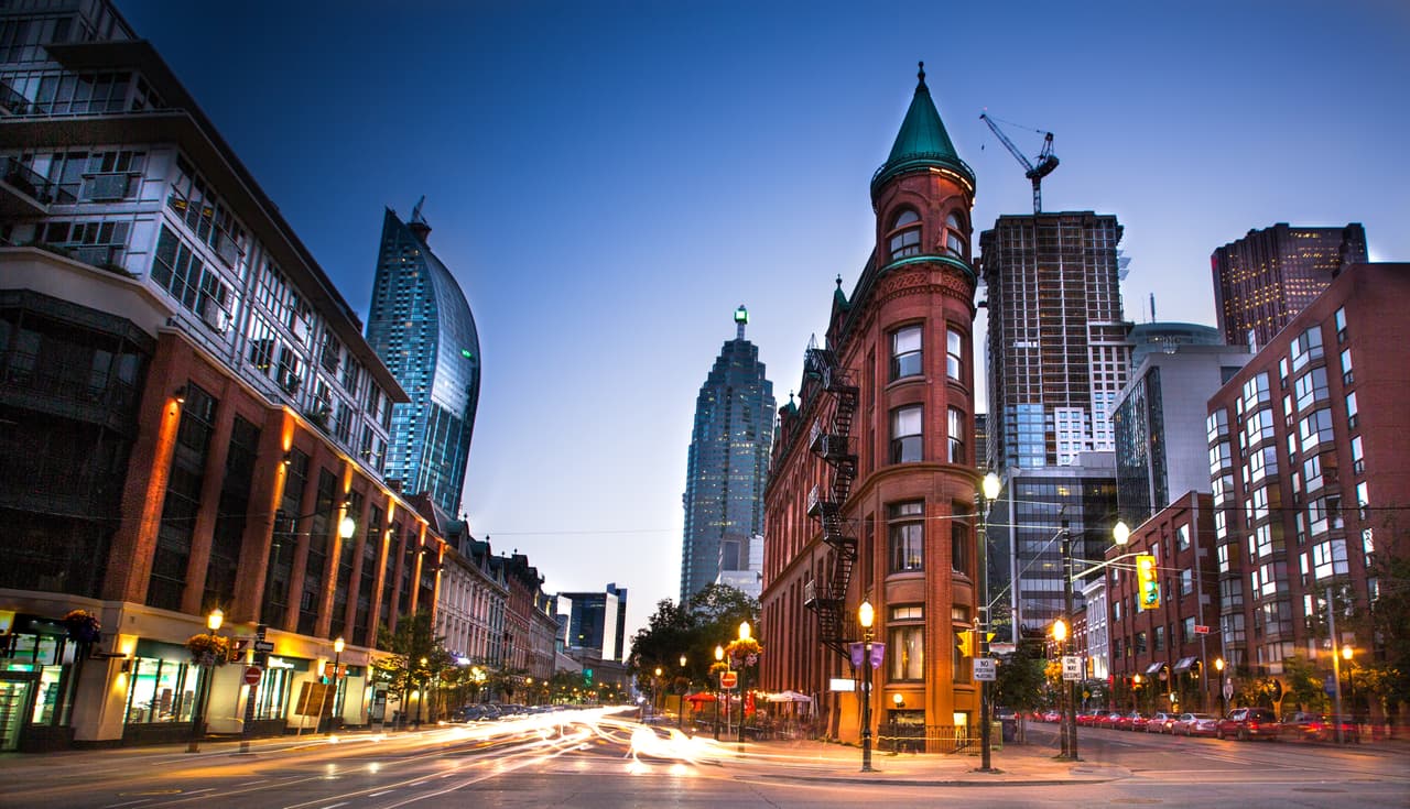 Downtown Toronto, Ontario facing West along Front street. Long exposure at dusk.
