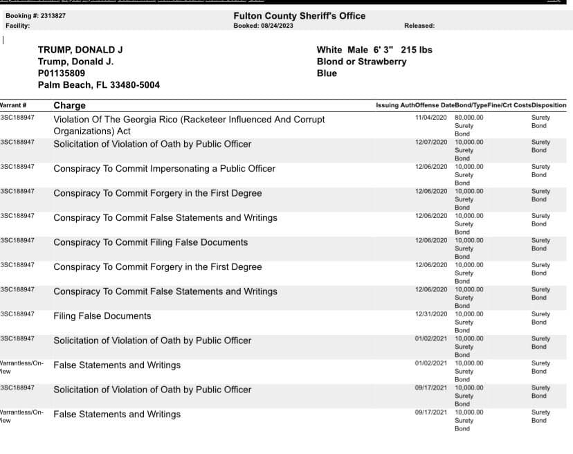 La ficha policial de Donald Trump, en la web del condado de Fulton, en Atlanta, Georgia.