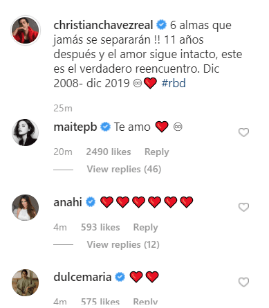 Christian destacó el tiempo que llevaban separados y el cariño que todavía perdura. Sus compañeros respondieron al mensaje con emojis y declaraciones de amor.