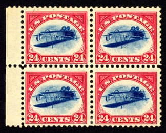 Sello de correo aéreo invertido "Jenny" de 24¢ de 1918, bloque de 4 "Princeton". Coleccionista anónimo a través de Harry Hagendorf, Columbian Stamp Company.