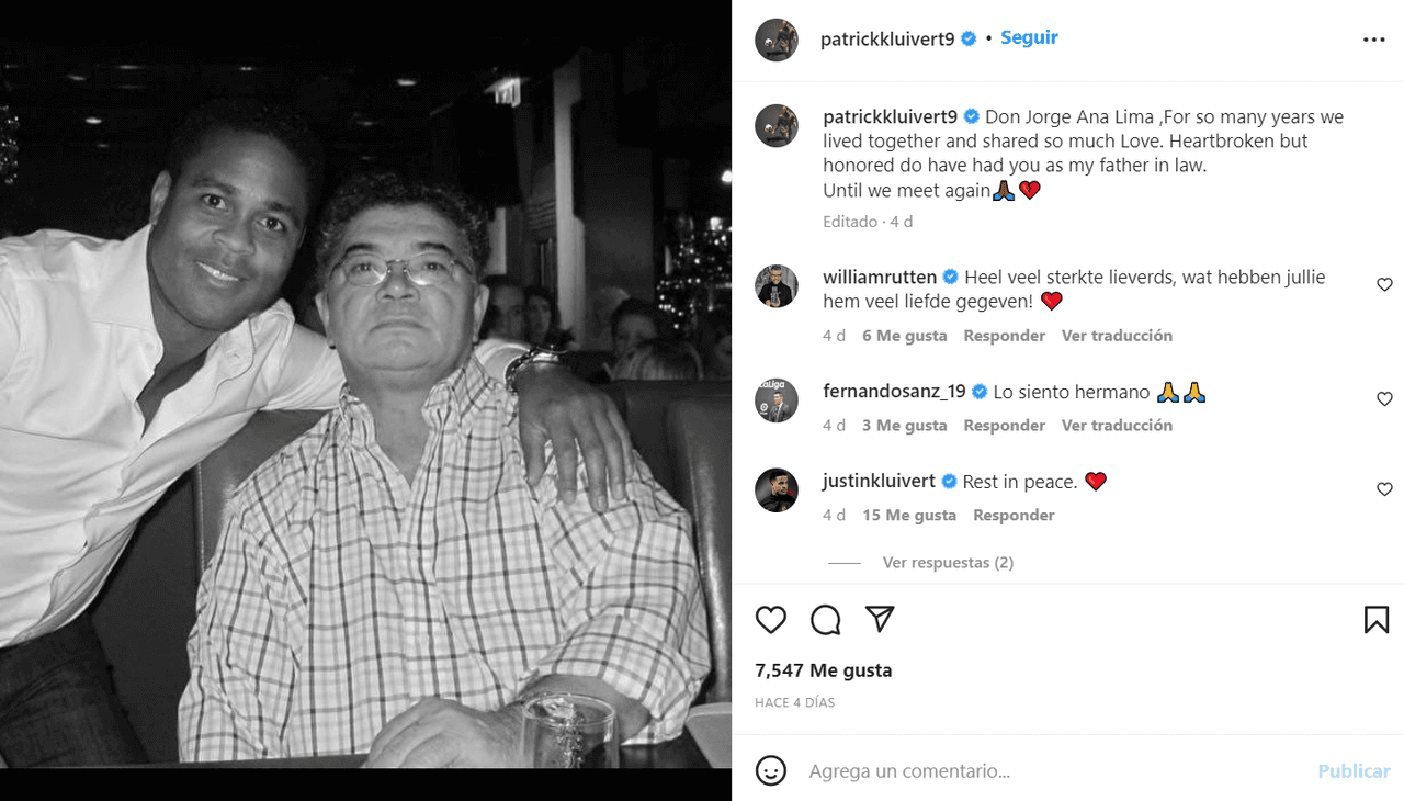 Patrick Kluivert, exjugador del Barça, se despidió de su suegro con emotivo mensaje.