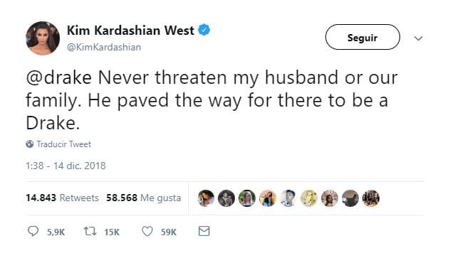 Ante este hecho Kim no dudó en defender públicamente a su marido, y a través de la misma red social le dijo a Drake que nunca amenazara a su esposo o a su familia. 
<br>