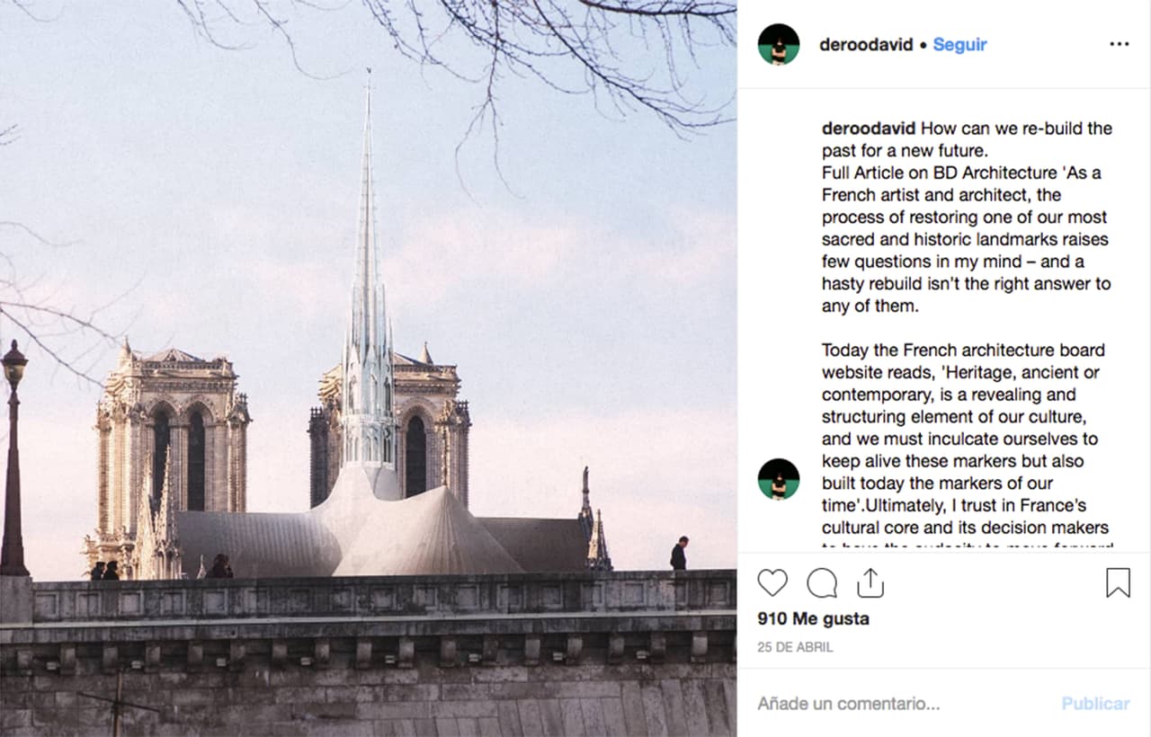 <b>Belleza y colaboración para la nueva catedral de Notre Dame.</b>“Solo puedo esperar que el proyecto sea humilde pero innovador, delicado, hermoso y comprometido, creado por personas altamente capacitadas alrededor de una mesa común”, 
<a href="https://www.instagram.com/p/BwrRi0dnlrz/?utm_source=ig_web_copy_link" target="_blank">escribió el arquitecto y diseñador David Deroo</a> junto a esta fotografía que atribuida a 
<a href="https://www.bnutsvisual.com/introduction-story-telling" target="_blank">BNuts Visual. </a>