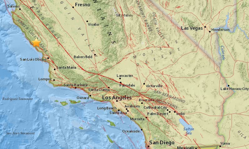 Un temblor de magnitud 3.2 sacude la zona de San Simeon, California