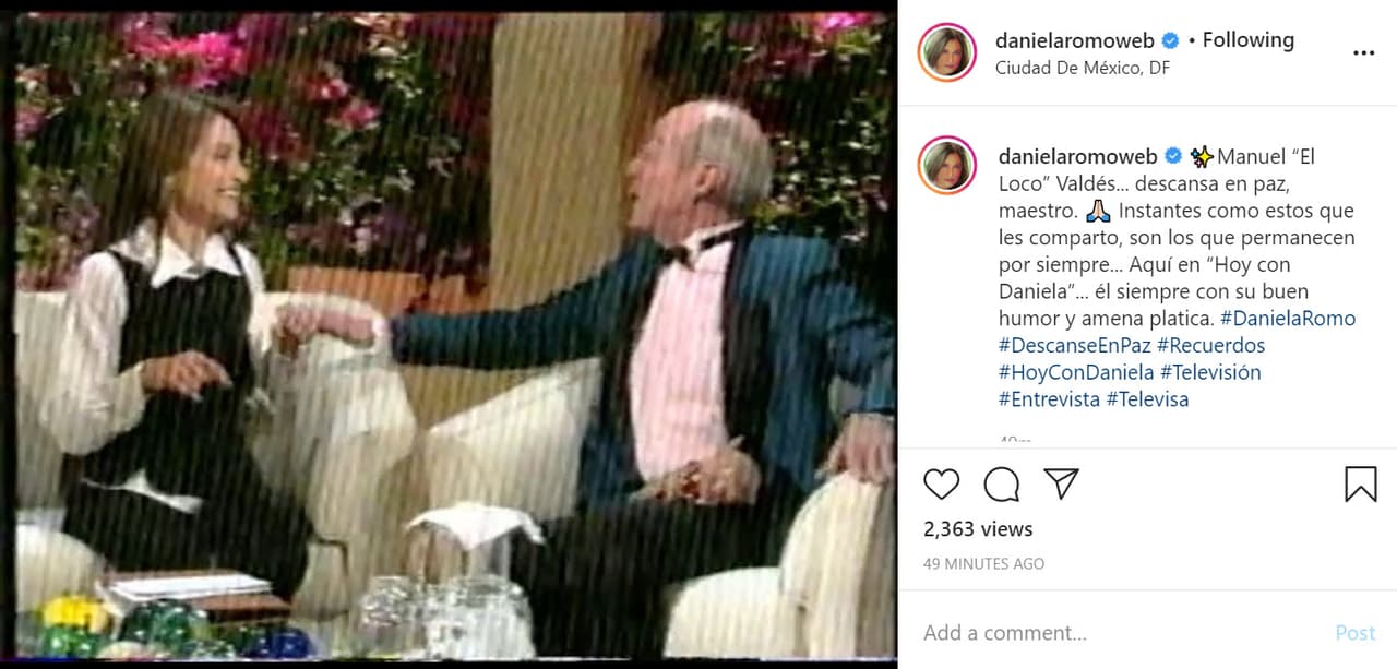 Daniela Romo recordó una charla en televisión que tuvo con 'El Loco': "Descansa en paz, maestro. Instantes como estos que les comparto son los que permanecen por siempre... Aquí en 'Hoy con Daniela'... él siempre con su buen humor y amena plática".