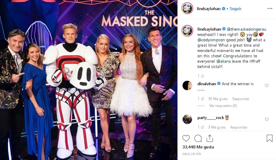 Después de eliminar esa publicación, la actriz compartió 
<b><a href="https://www.instagram.com/p/B35OckDBeSr/" target="_blank">una foto </a></b>felicitando a Simpson, cuya identidad adivinó correctamente durante el show: "Woohoo! ¡Tenía razón!. Cody Simpson 
<b>¡buen trabajo!</b> ¡Qué gran momento! ¡Qué grandes momentos maravillosos hemos tenido todos en este programa! ¡Felicitaciones a todos!".
<br>