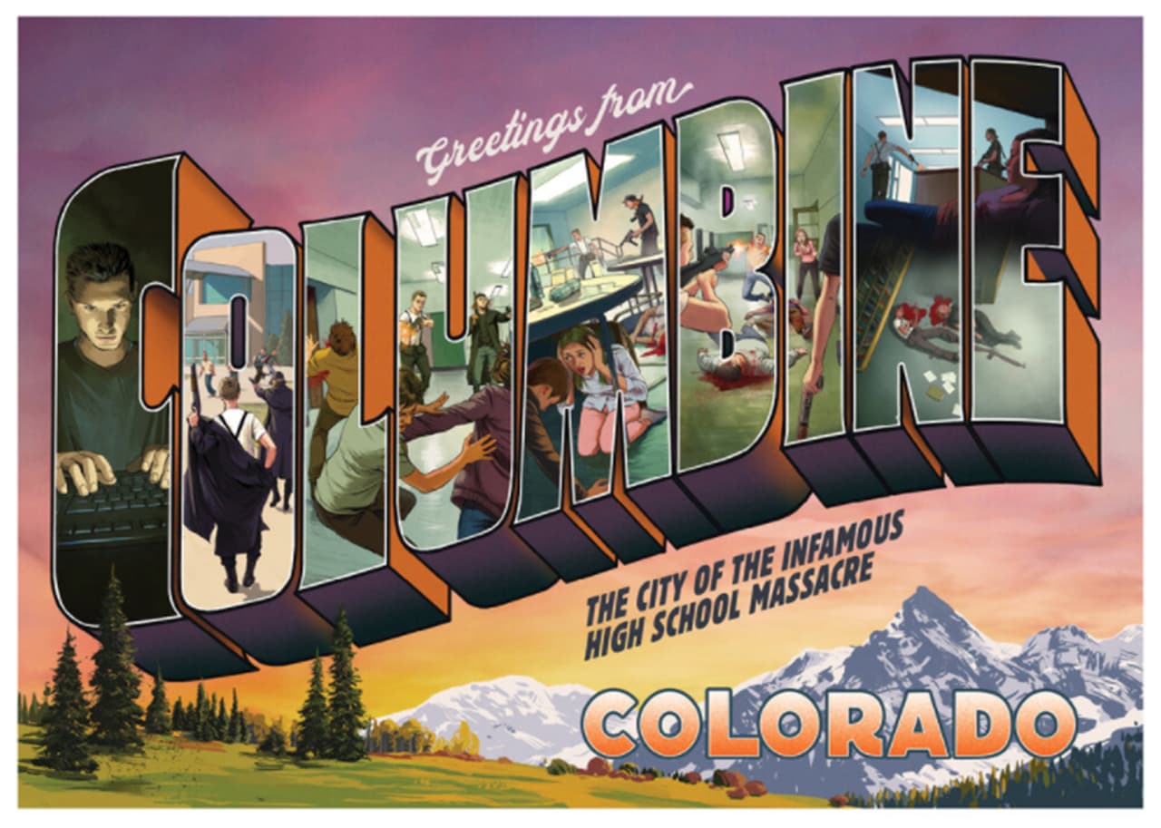 <b>“Saludos desde Columbine, la ciudad de la infame masacre en una secundaria”</b>. Oliver considera que esta campaña es un tanto "subversiva, radical", por lo explícito de los dibujos. El 20 de abril de 1999, “dos estudiantes de último año de secundaria dispararon 188 rondas contra sus compañeros de clase. Mataron a 13 y dejaron 24 heridos”, cuenta esta postal.