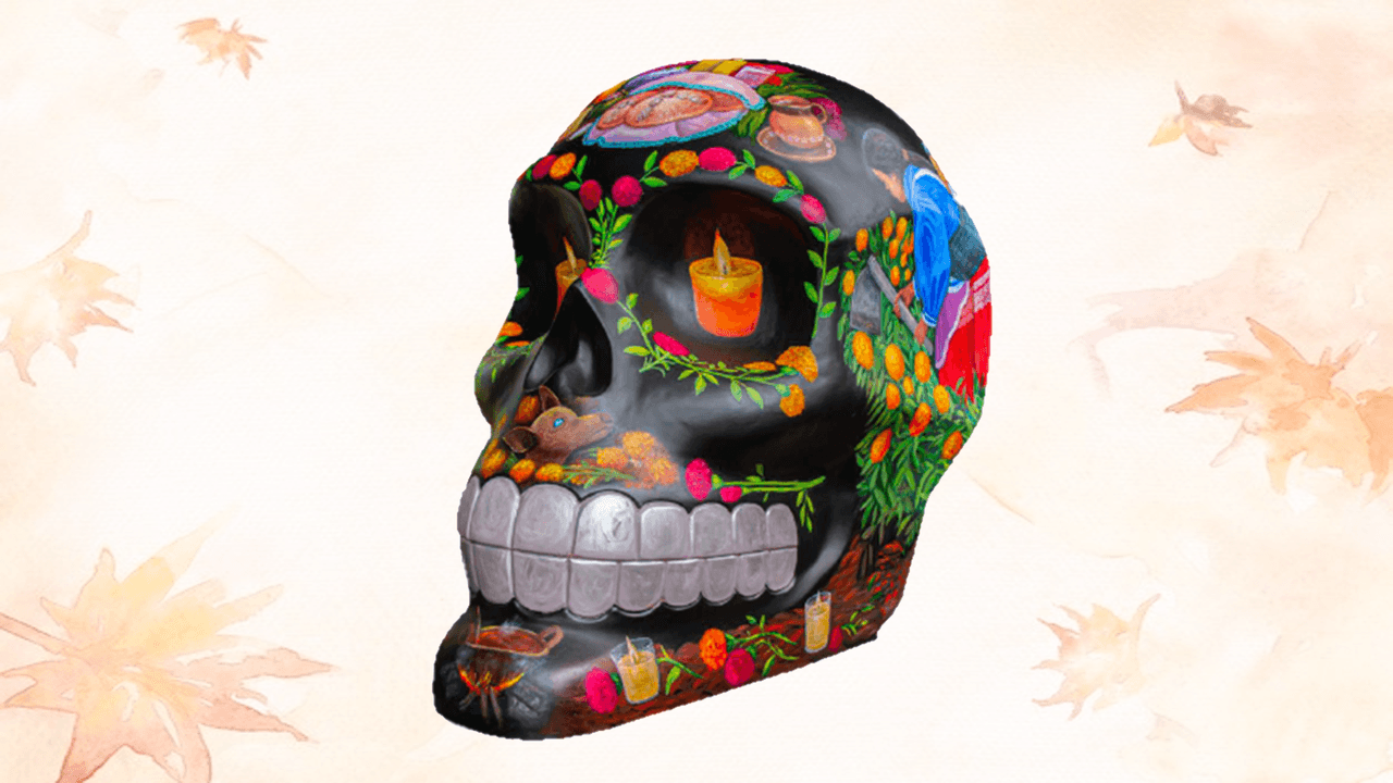 Representa las ofrendas con las que los familiares reciben a sus seres queridos.
<br>
<br>Título: Xantolo. Artista: Luz Gamboa.