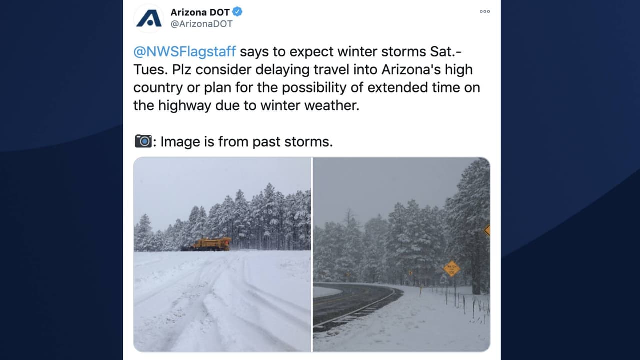 ¿Viajará a las zonas nevadas en el norte de Arizona? Estas son las precauciones que debe tomar. El Departamento de Transporte de Arizona (ADOT, por sus siglas en inglés) le pide que, si es posible, 
<b>posponga su viaje al norte de Arizona. </b>
<br>