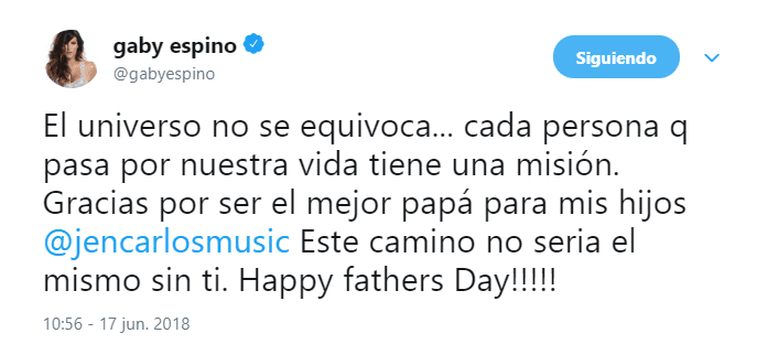 A través de Twitter la venezolana escribió: "El Universo no se equivoca... Cada persona que pasa por nuestra vida tiene una misión. Gracias por ser el mejor papá para mis hijos, Jencarlos. Este camino no sería el mismo sin ti. ¡Feliz Día del Padre!".
