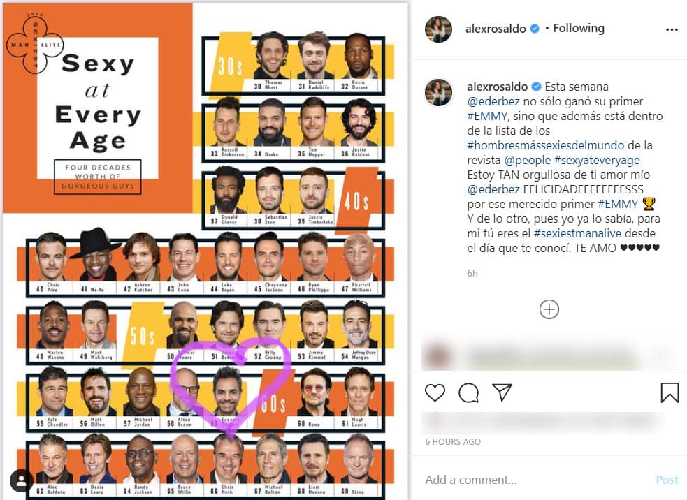 "Esta semana Eugenio Derbez no sólo ganó su primer EMMY, sino que además 
<b>está dentro de la lista de 'Los hombres más sexies del mundo' </b>de la revista People, sexy a todas las edades", escribió al lado del gráfico. 
<br>