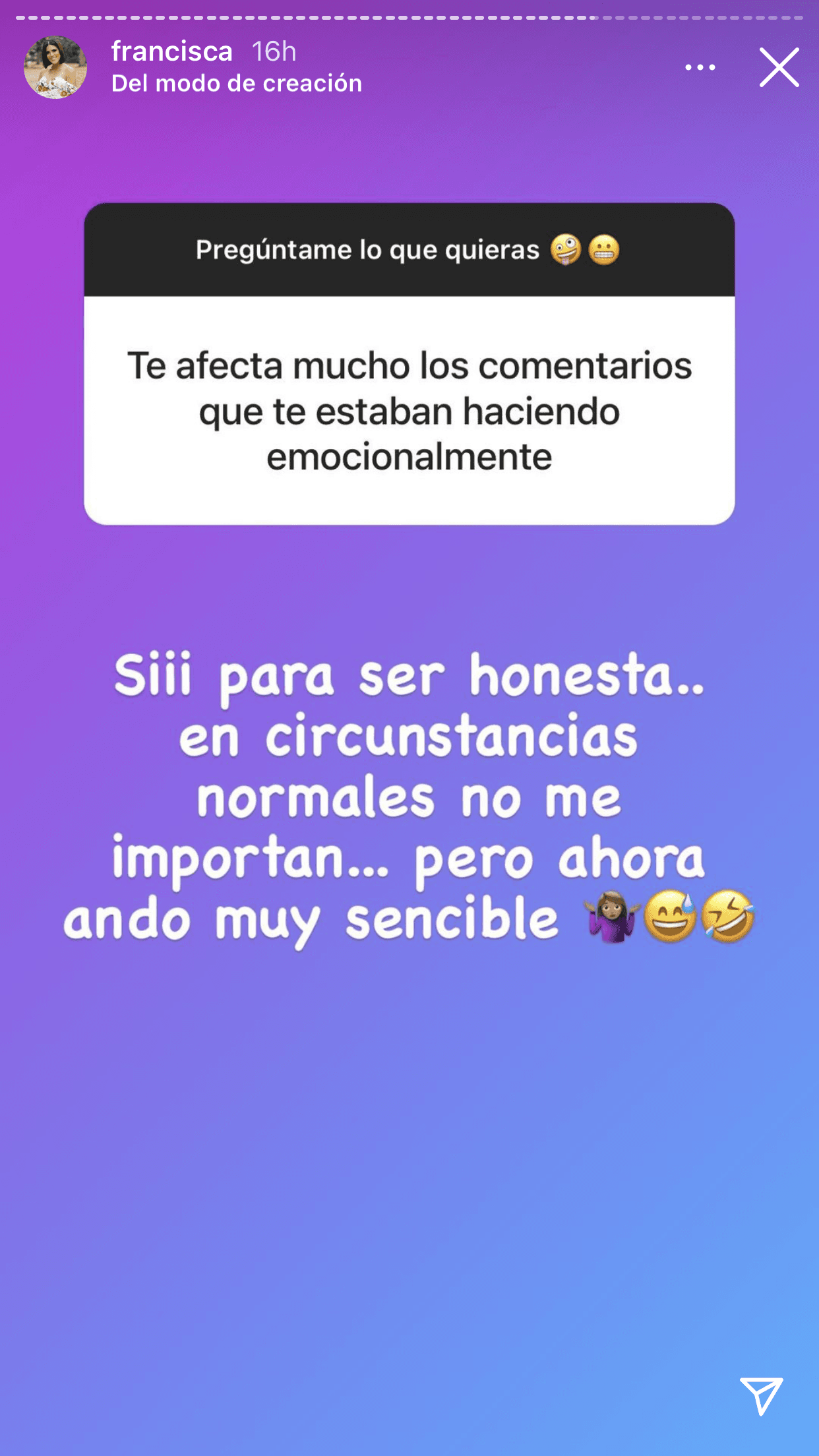 En la dinámica de preguntas y respuestas que tuvo con sus fans el fin de semana, reconoció que ese tipo de comentarios 
<b><a href="https://www.univision.com/shows/despierta-america/con-casi-5-meses-de-embarazo-francisca-lachapel-calma-a-quienes-les-preocupa-que-use-tacones-a-diario-video" target="_blank">"no le importan en circunstancias normales"</a></b>: "Pero ahora ando muy sensible". 
<br>