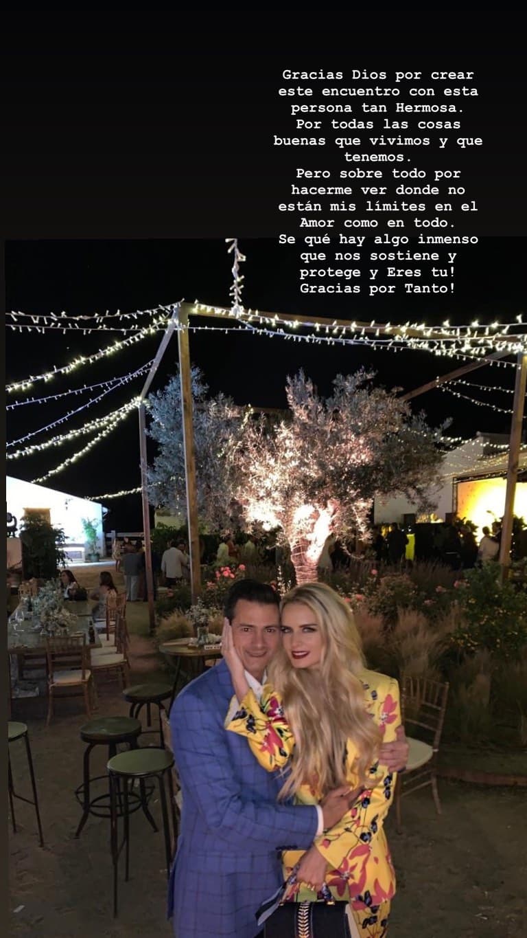 "Gracias a Dios por crear este encuentro con esta persona tan hermosa. Por todas las cosas buenas que vivimos y que tenemos. Pero sobre todo por hacerme ver donde no están mis límites en el amor, como en todo. Sé que hay algo inmenso que nos sostiene y protege y eres tú. Gracias por tanto".