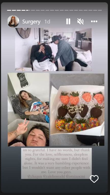 El fin de semana mostró cómo 
<b><a href="https://www.univision.com/famosos/jenicka-siguio-los-pasos-a-chiquis-rivera-pero-no-le-fue-bien-denuncia-un-robo-y-busca-al-presunto-sospechoso-video" target="_blank">su hermana mayor, Chiquis</a></b>, la atendió y cuidó tras los procedimientos estéticos. Tal como lo hacía cuando era niña. 
<br>