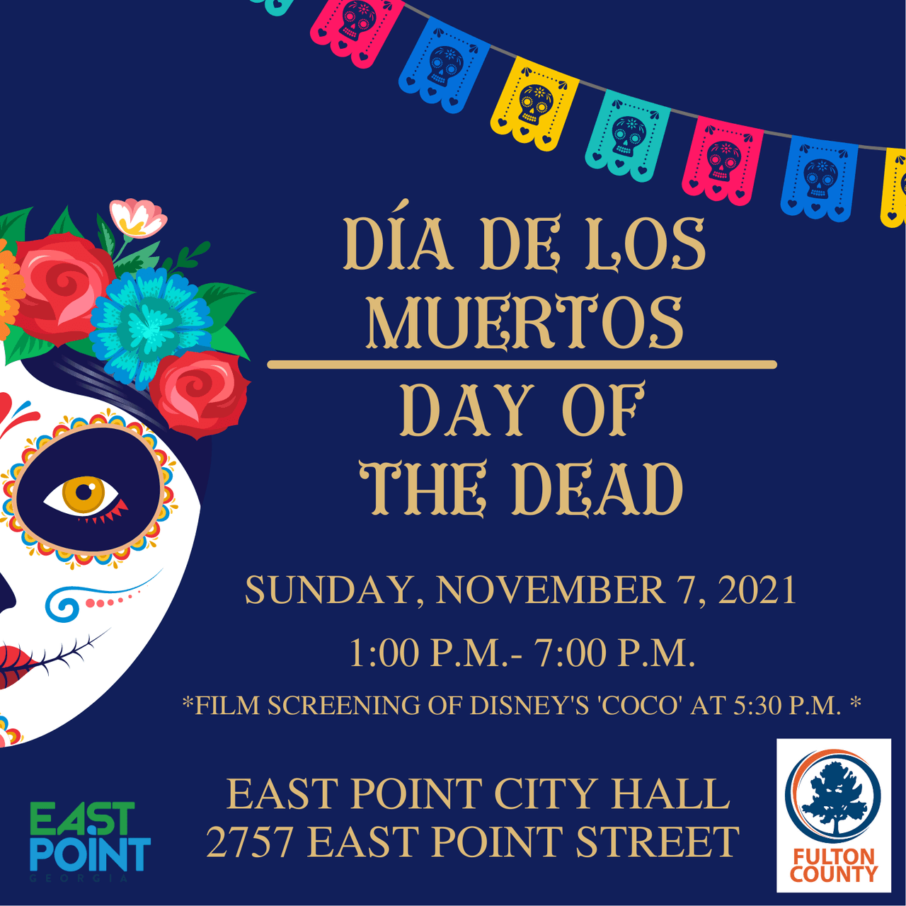 <b><a href="https://www.eventbrite.com/e/dia-de-los-muertos-day-of-the-dead-tickets-187784006017?aff=ebdssbdestsearch" target="_blank">Celebración en City of East Point (7 de noviembre)</a></b>: Disfruta de un día de festividades destacando la cultura tradicional mexicana, pintura facial, comidas y bebidas tradicionales. Se proyectará la película de 'Coco' de Disney a las 5:30 p.m. La entrada es gratis.